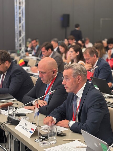 Senator Cees van de Sanden (VVD) spreekt bij de Parlementaire Assemblee van de Mediterrane Unie